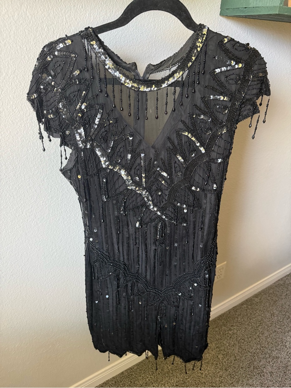 Laurence Kazar Black Beaded Fringe Cocktail Dress